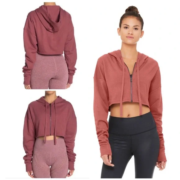 ALO Yoga Tops Alo Yoga Extreme Cropped Long Sleeve Zip Up Hoodie Rosewood Mauve Pink Poshmark